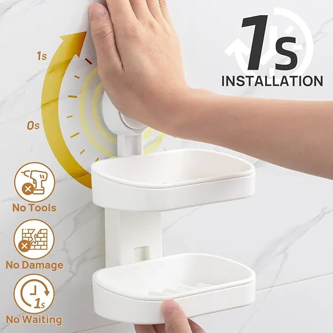LEVERLOC Soap Dish Holder for Shower Double Layer Suction Cup Wall Mounted NO-Drilling Self Draining Removable Waterproof Strong Suction Bar Soap Sponge Holder for Shower Bathroom Bathtub Kitchen - ModernBath