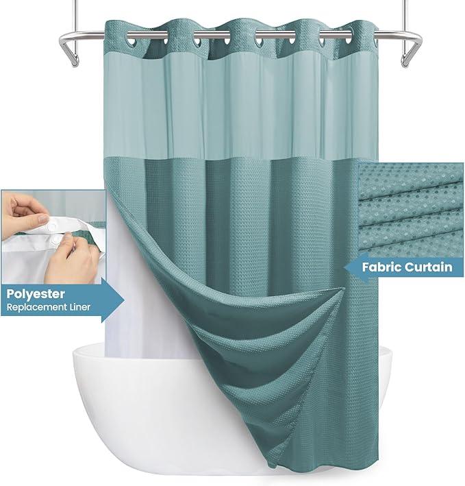 EUTXL Teal Long No Hook Shower Curtain with Snap in Liner,230GSM Waffle Weave Shower Curtains for Bathroom,71W x 86H - ModernBath