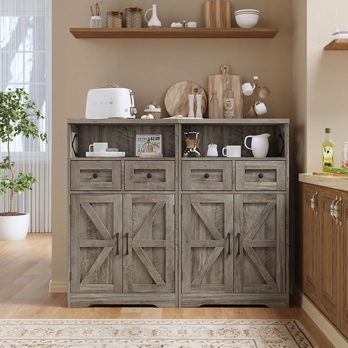 Farmhouse Storage Cabinet with Barn Doors and Open Shelf, Kitchen Pantry with Storage, Coffee Bar Station, Freestanding Cupboard Hutch Cabinet for Kitchen, Dinning Room, Livingroom, Grey - ModernBath