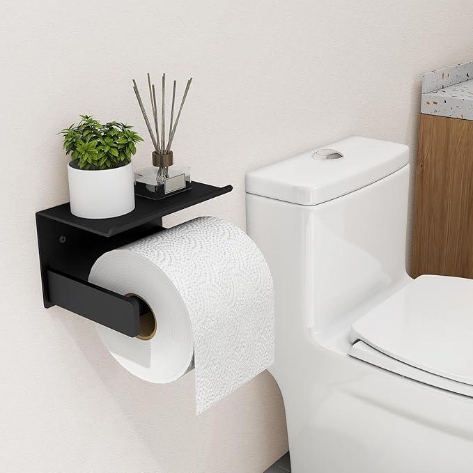 Toilet Paper Holder with Shelf Wall Mount, Self Adhesive or Screw in, Tissue Holder for Bathroom Washroom RV with Spring Rod, Matte Black - ModernBath