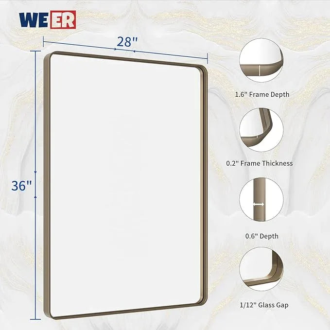 WEER 28x36 Inch Bronze Bathroom Mirror for Vanity, Brushed Bronze Metal Frame Mirror for Wall, Rounded Rectangle Bronze Frame Mirror with Tempered Glass, Anti-Rust (Horizontal/Vertical) - ModernBath