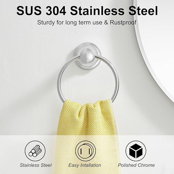 BESy Polished Chrome Bathroom Hand Towel Ring Towel Holder, Rustproof Wall Mounted Bathroom Hardware Accessory SUS 304 Stainless Steel Towel Rack - ModernBath