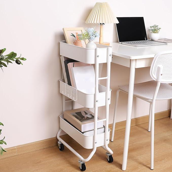 MAX Houser Slim 3-Tier Rolling Utility Cart, Narrow Metal Bathroom Storage Multifunctional Organizer Carts with Wheels with Extra Hook, Laundry Room,Kitchen,Small Space(White) - ModernBath