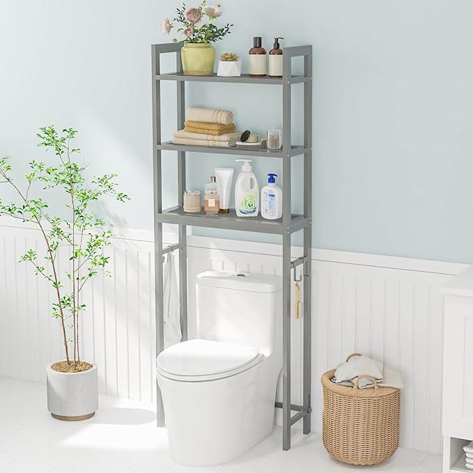 Giantex Over The Toilet Storage Rack, 3-Tier Metal Bathroom Organizer with 3 Hooks, Adjustable Bottom Bar, Anti-Tippling Devices, Freestanding Toilet Space-Saver for Bathroom, Laundry (Gray) - ModernBath