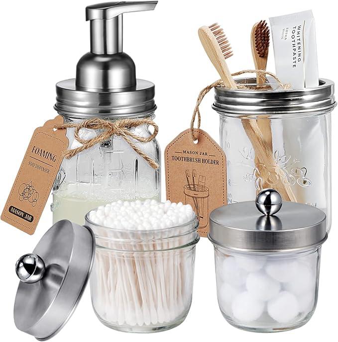 Amolliar Mason Jar Bathroom Accessories Set(4 Pack) - Foaming Soap Dispenser&Qtip Holder &Toothbrush Holder-Rustic Farmhouse Decor Bathroom Organizer Apothecary Jar Country Countertop (Brushed Nickel) - ModernBath