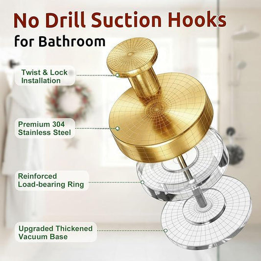 Upgraded Suction Cup Hooks for Door Wreaths, Heavy Duty Wreath Hangers for Front Door, Glass Window and Outdoor use, Strong Suction Vacuum Hook for Towels, Robes & Decorations(4 Pack, Gold) - ModernBath