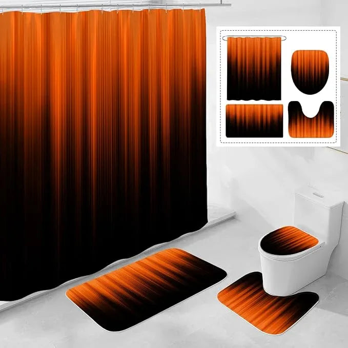 Litabel 4 Pcs Orange and Black Gradient Shower Curtain Set with Rugs and Toilet Lid Cover, Modern Simple Waterproof Fabric Bathroom Set, Ombre Stripe Gothic Abstract Bathroom Decor Set Accessories - ModernBath