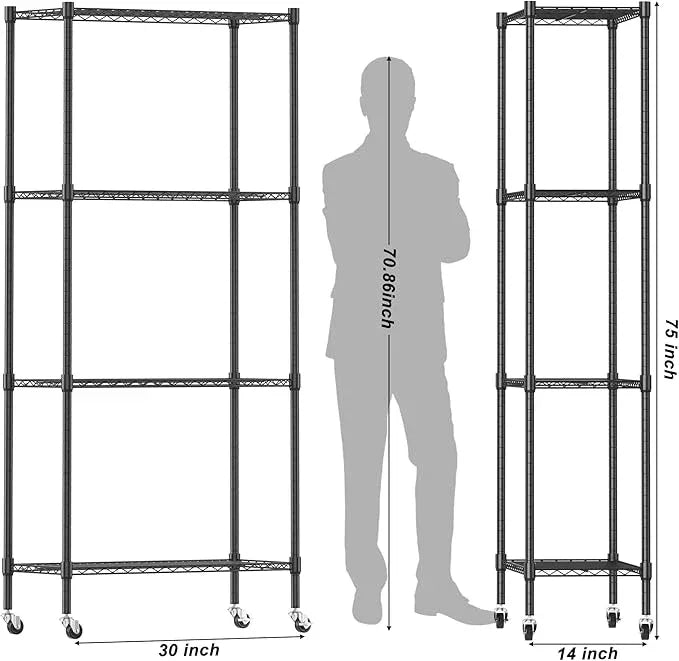 Homdox Heavy Duty 4-Tier Metal Shelving Unit with Adjustable Shelves, Rolling Storage Rack for Kitchen, Garage, Pantry, 29.92"x13.98"x74.41", Black - ModernBath