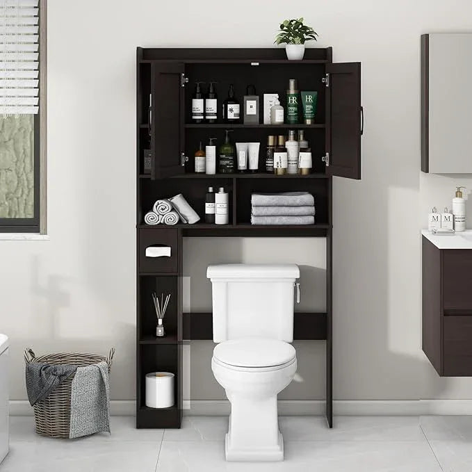 Vabches Over The Toilet Storage Cabinet, Farmhouse Storage Cabinet Over Toilet with 2 Barn Door & Toilet Paper Holder Stand，Home Space-Saving Toilet Rack, for Bathroom, Restroom, Laundry - ModernBath