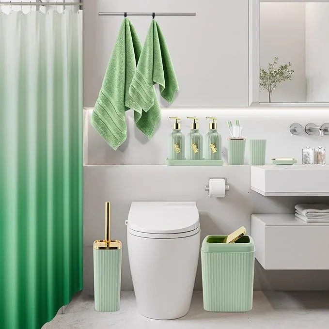 WSBArt 32PCS Bathroom Accessories Set Bathroom Set,Green Shower Curtain Set,Bath Towel Set,Hand Towel,Toilet Brush,Trash Can & 3PCS Soap Dispenser - ModernBath