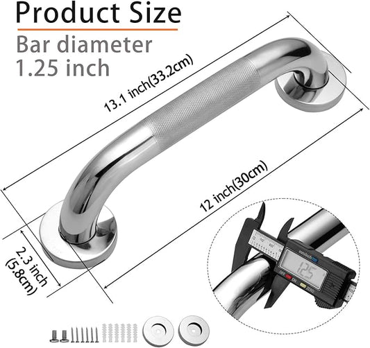 Rackickyer Shower Grab Bar, 2 Pack 12 Inch Bathroom Grab Bar, 1.25" Diameter 304 Stainless Steel Anti-Slip Grab Bars for Bathtubs and Showers, Handicap Shower Grab Bar for Seniors Elderly