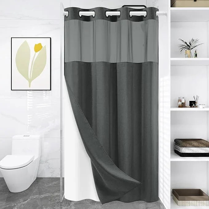 WONICY Small No Hook Shower Curtain with Snap in Liner, Polyester Textured Shower Curtain with Liner Set, Waterproof Washable Hotel Style Shower Curtains for Bathroom, 54Wx80H, Charcoal Grey - ModernBath