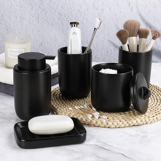 BosilunLife Ceramic Bathroom Accessories Sets Complete Bathroom soap Dispenser and Toothbrush Holder Set (Black-Foam) - ModernBath
