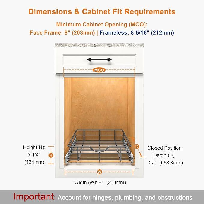 ALINE FURNITURE Pull Out Shelves - 8" W x 22" D Soft Close Pull Out Cabinet Organizer 1 Tier - Slide Out Drawers with Shelf Liner, Heavy Duty Steel Wire Baskets for Kitchen Cabinets, Pantry, Bathroom - ModernBath