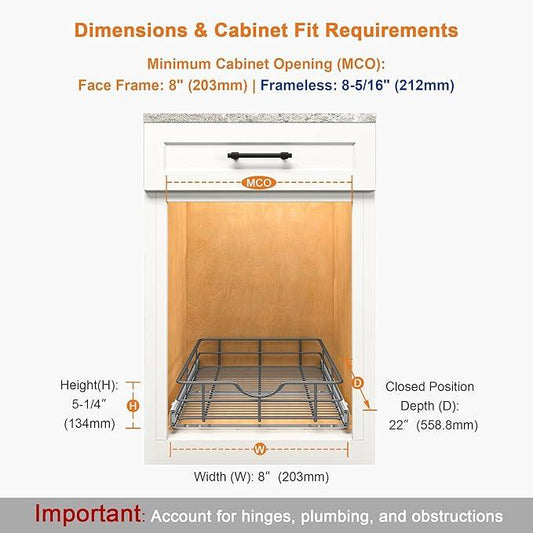 ALINE FURNITURE Pull Out Shelves - 8" W x 22" D Soft Close Pull Out Cabinet Organizer 1 Tier - Slide Out Drawers with Shelf Liner, Heavy Duty Steel Wire Baskets for Kitchen Cabinets, Pantry, Bathroom - ModernBath