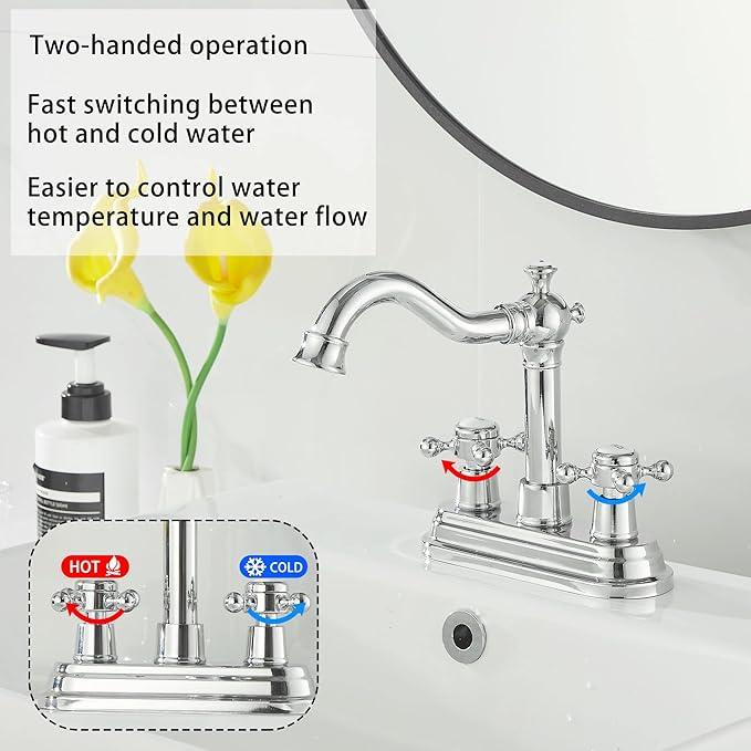 GGStudy Polished Chrome Bathroom Faucet 2 Handles 4 Inches Centerset Bathroom Vanity with Drain Assembly and Supply Hose Lavatory Faucet - ModernBath