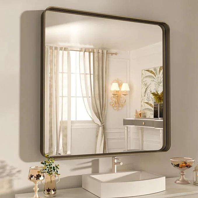 WEER 36x30 Inch Bronze Bathroom Mirror for Vanity, Brushed Bronze Metal Frame Mirror for Wall, Rounded Rectangle Bronze Frame Mirror with Tempered Glass, Anti-Rust (Horizontal/Vertical) - ModernBath