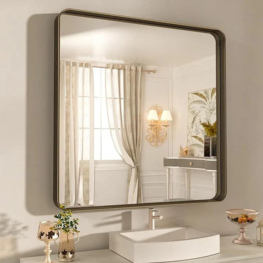 WEER 36x30 Inch Bronze Bathroom Mirror for Vanity, Brushed Bronze Metal Frame Mirror for Wall, Rounded Rectangle Bronze Frame Mirror with Tempered Glass, Anti-Rust (Horizontal/Vertical) - ModernBath
