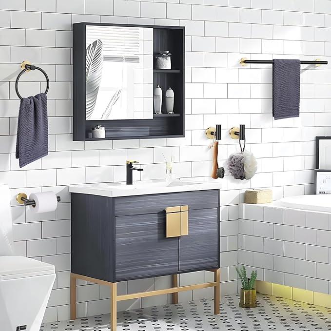Lairuier 5 Pieces Black Gold Bathroom Accessories Set, 23.6 Inch Bath Towel Bar Set, SUS304 Stainless Steel Bathroom Hardware Set Round Toilet Paper Holder Set Wall Mounted - ModernBath