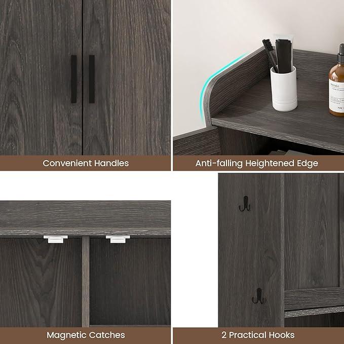 Giantex Over The Toilet Storage Cabinet, Freestanding Space Saver Above Toilet Storage with Metal Stand, Adjustable Shelves & 2 Hooks, Wooden Over Toilet Bathroom Organizer for Laundry Room, Restroom - ModernBath