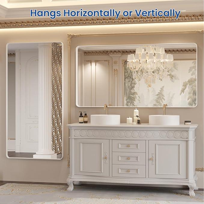 WEER White Bathroom Mirror 72X36 Inch, Rounded Rectangle White Metal Frame Mirror, Matte White Bathroom Vanity Mirror with Tempered Glass, Anti-Rust, Hangs Horizontally or Vertically - ModernBath