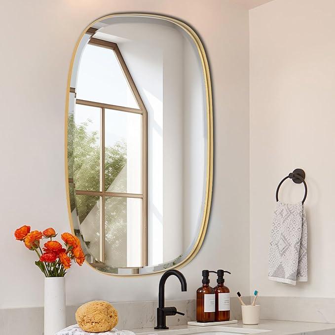 POZINO Brushed Gold Beveled Mirror, 24"x40" Modern Rounded Rectangle Mirrors, Brass Oval Mirrors, Oblong Vanity Wall Mirror in Premium Stainless Steel Frame, Hangs Horizontal Or Vertical - ModernBath