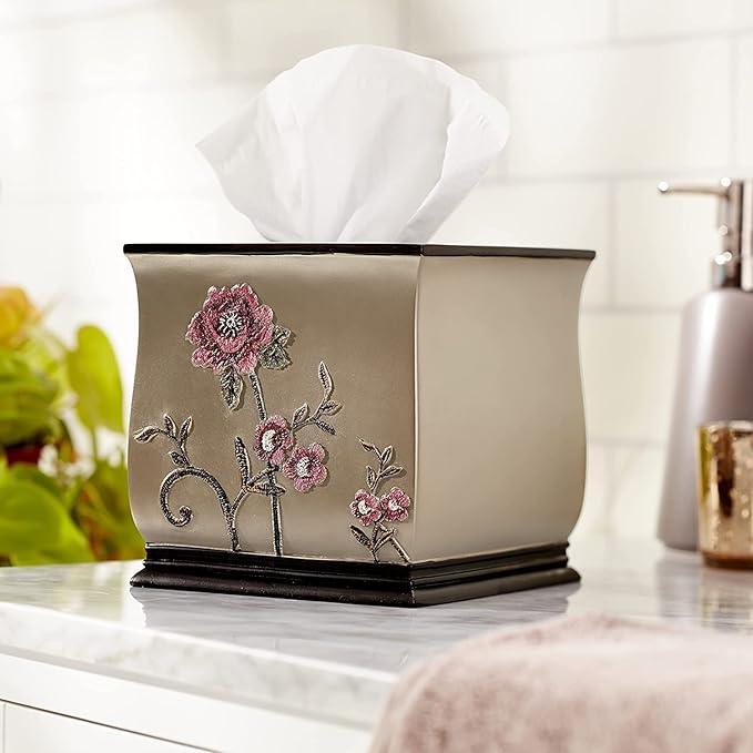 Zahari Home 2pc Larrisa Floral Bathroom Decor Set Waste Basket for Bathroom & Tissue Cover Modern Classic Contemporary Decor Stylish Unique Design Beautiful Bathroom Accessories Set - ModernBath