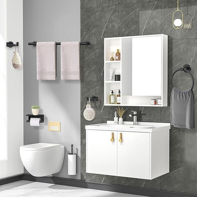 TNOMS 5 Pieces Towel Bar Set Matte Black Bathroom Hardware Set Upgraded Toilet Paper Holder with Shelf Towel Rail Set for Bathroom Stainless Steel Wall Mounted 23.6 Inch - ModernBath