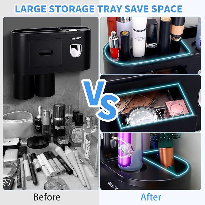 Wekity Multifunctional Wall-Mounted Toothbrush Holder, Automatic Toothpaste Dispenser Space Saving Toothbrush and Toothpaste Holder, with 2 Cups and Drawers Cosmetic Organizer (Black) - ModernBath
