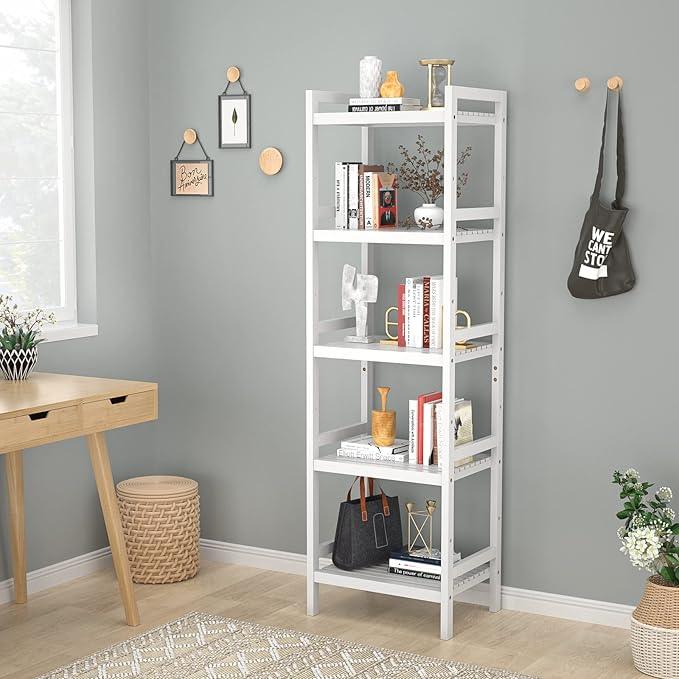 Homykic Bamboo Bookshelf, 5-Tier Narrow 55.9” Adjustable Book Shelf Bookcase Bathroom Shelves Freestanding Storage Stand for Living Room, Bedroom, Kitchen, Rust Resistance, Easy Assembly, White - ModernBath