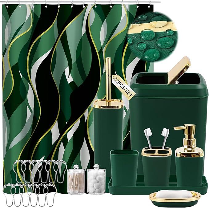 XLHOMO Green Bathroom Set, Bathroom Sets with Stripe Shower Curtain, Green and Gold Bathroom Accessories with Trash Can, Soap Dispenser, Soap Dish, Toilet Brush Holder, Qtip Holders for Bathroom - ModernBath