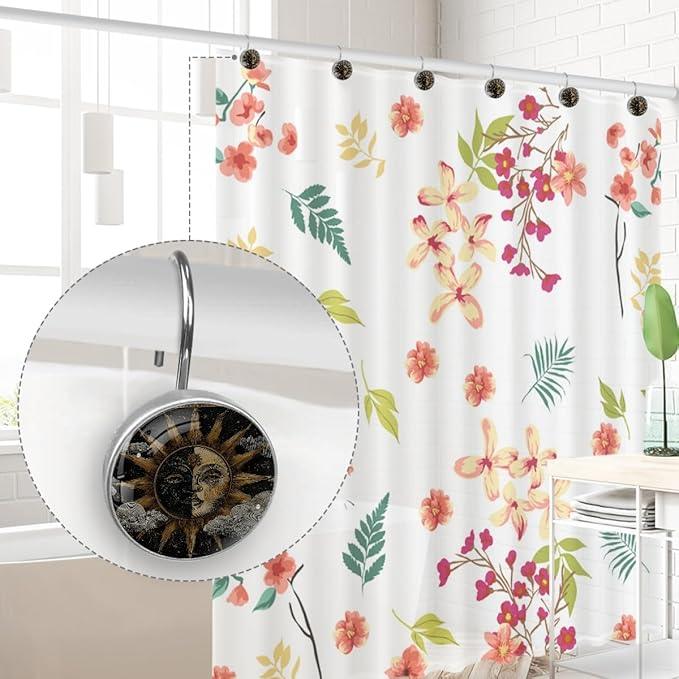 Vintage Boho Sun Shower Curtain Hooks, 12Pcs Decorative Rust Resistant Shower Rings for Shower Curtain Rods, Stainless Steel Round Curtain Hooks for Bathroom, Bedroom, Farmhouse - ModernBath