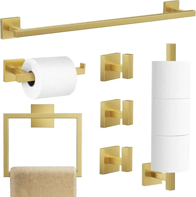 TQKAG 7-Pieces Brushed Gold Bathroom Hardware Accessories Set 23.6" SUS304 Stainless Steel Towel Bar Set Toilet Paper Spare Rolls Storage Holder Wall Mounted - ModernBath