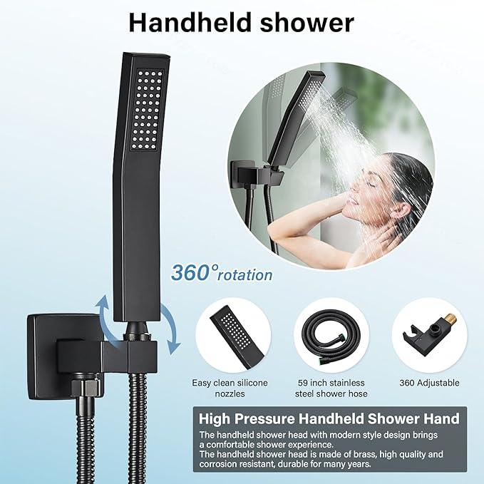 Shower Faucet Set Matte Balck Rain Shower System with High Pressure 12 Inches Rain Shower Head and Handheld Spray Bathroom Luxury Rain Mixer Shower Complete Combo Set Ceiling Mounted - ModernBath