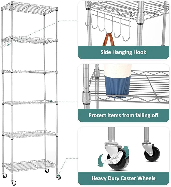 Homdox 6-Tier Storage Shelf Wire Shelving Unit Free Standing Rack Organization with Caster Wheels, Stainless Side Hooks, Silver Gray | Rack Organization, with Caster Wheels, Stainless Side Hooks - ModernBath