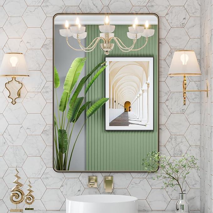 LOAAO 24”X32” Bronze Bathroom Mirrors for Vanity, Rounded Rectangle Brushed Bronze Metal Frame Mirror, Anti-Rust, Hangs Horizontally or Vertically - ModernBath