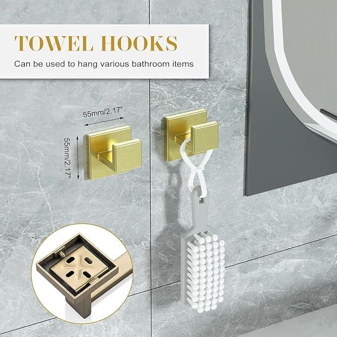 Bathroom Accessory Towel Bar Set: 20 Pieces Gold Bathroom Hardware Square SUS304 Stainless Steel - Wall Mounted Towel Rack&Toilet Paper Holder&Towel Ring and Towel Hook - ModernBath