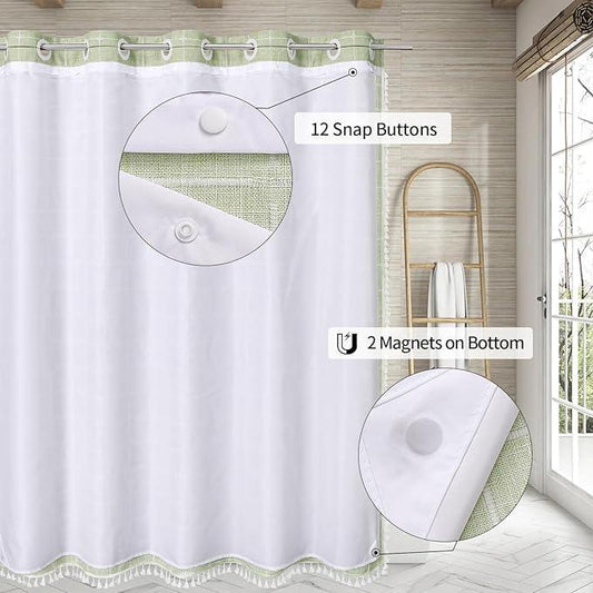 MitoVilla No Hooks Needed Boho Farmhouse Shower Curtain with Snap-in Liner, Cotton Linen Fabric Shower Curtains with Tassels for Rustic Neutral Bathroom Decor, Sage Green, 72 x 74 - ModernBath