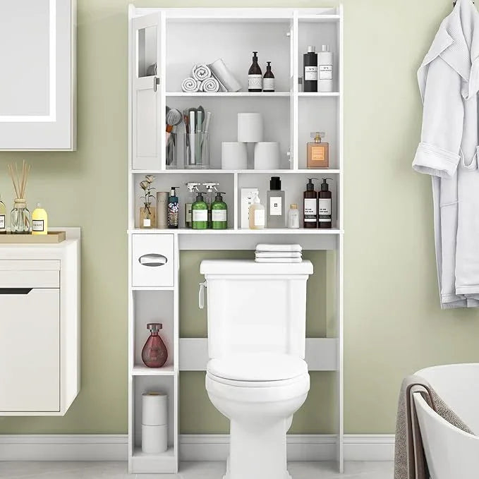 Vabches Over The Toilet Storage Cabinet, Bathroom Shelf Over Toilet with Glass Doors and Adjustable Shelves, White Freestanding Home Space Save Toilet Rack for Restroom, Bathroom, Laundry - ModernBath
