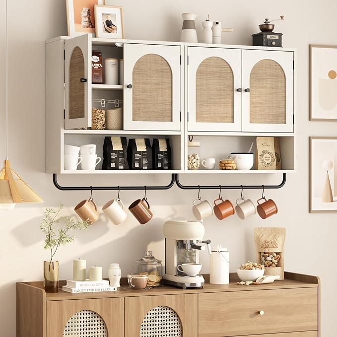 RUSTOWN Rattan Bathroom Wall Cabinet, Boho Medicine Cabinet with 2 Arched Doors, Farmhouse Over The Toilet Storage Cabinets with Adjustable Shelves & Towel Bar, 3-Tier Wall Mounted Cabinets - ModernBath