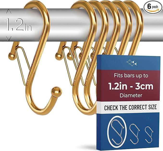 Blau Marité 6-Pack Metal S Hooks for Hanging – Heavy-Duty S-Shaped Hook with Safety Buckle – Fits Bars up to 1.2 in – Anti-Drop S-Hooks for Closet, Wardrobes & Storage – Golden (Large) - ModernBath