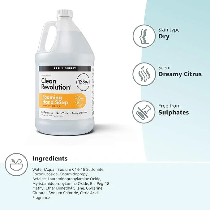 Clean Revolution Foaming Hand Soap Refill Supply Container, Ready to Use Formula, Dreamy Citrus Fragrance, Gluten Free, 128 Fl. Oz - ModernBath