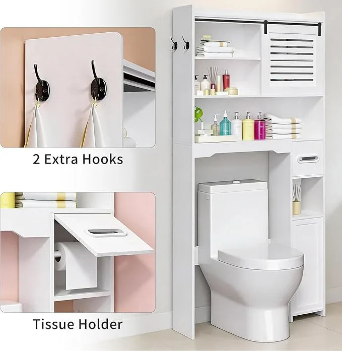 Coolfat Over The Toilet Storage Cabinet, Bathroom Storage Cabinet Organizer, Above Toilet Rack with Door and Adjustable Shelves, Space Saver for Restroom, Laundry (White Left Side) - ModernBath