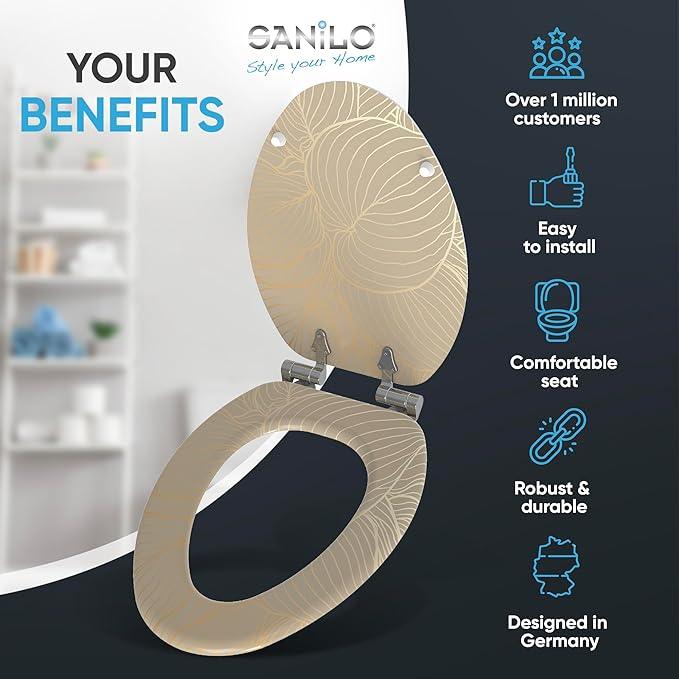SANILO Wooden Toilet Seat with Soft Close [ELONGATED] - Decorative, Quiet & Slow Close Molded Wood Seat - With Strong Bumpers & Hinges - Adjustable Fit - Hosta - ModernBath