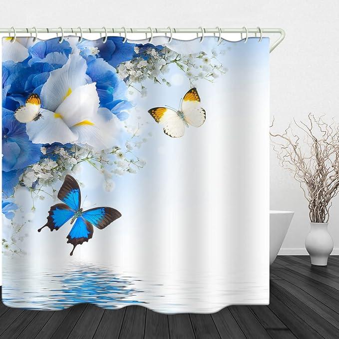 LYFANS Shower Curtains Waterproof Polyester Fabric,Large Width Bright Partition Curtain with Blue Butterfly Print,Shower Curtain Liner for Bathtub Bathroom with 12 White Hooks (72 x72 inches) - ModernBath