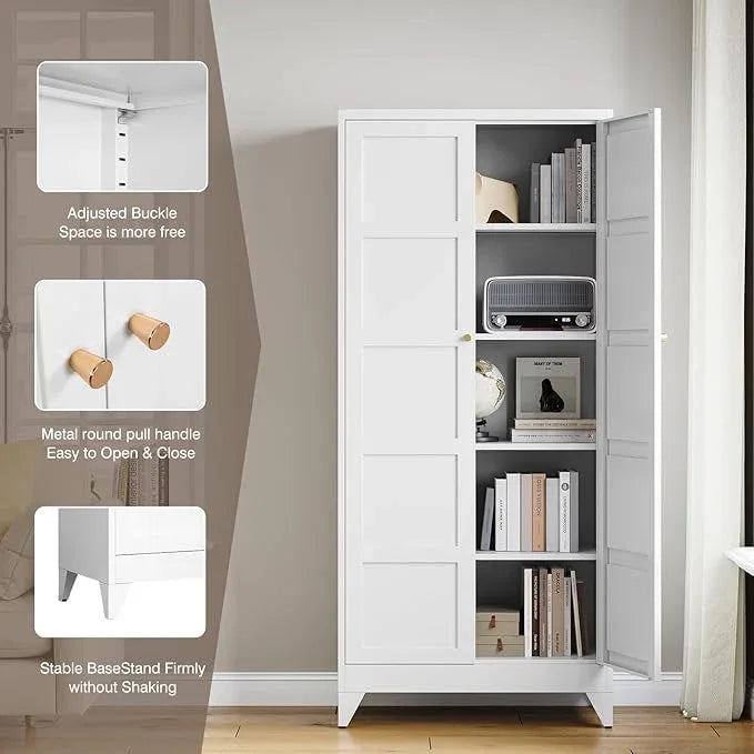 Yizosh Metal Storage Cabinet with 2 Doors and 4 Adjustable Shelves,- 71" White Kitchen Pantry Storage Cabinet for Kitchen,Dining Room,Living Room - ModernBath