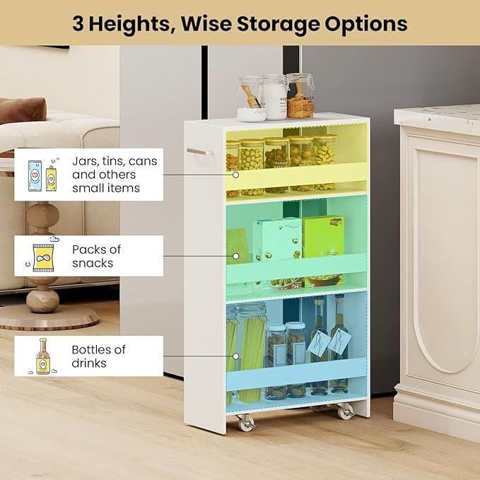 Small Kitchen Cart, 4-Tier Slim Rolling Island w/Handle, Laundry Room Storage Organizers Between Washer and Dryer, Narrow Spice Rack on Wheels Next to Fridge (White, 8'') - ModernBath