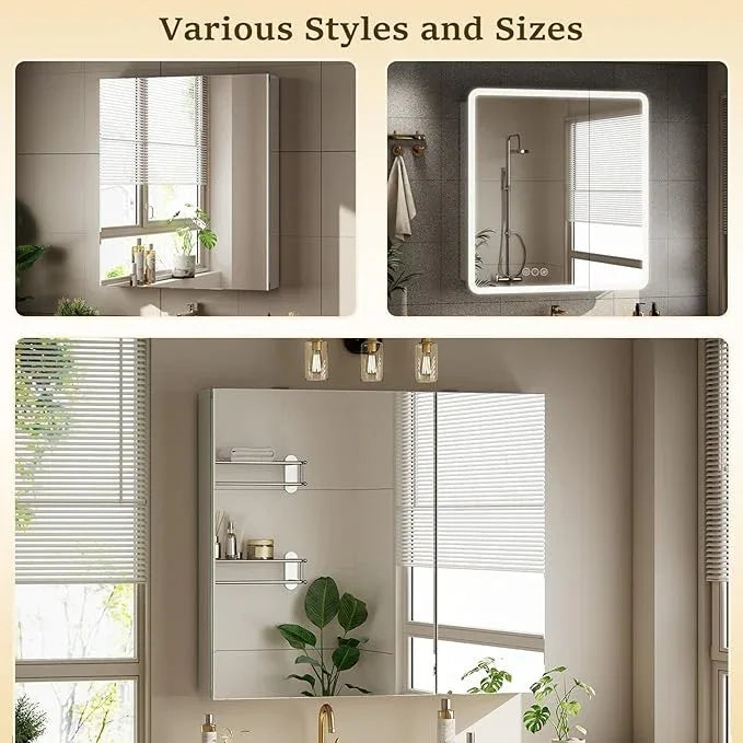 Bathroom Medicine Cabinet Mirror with Storage, 40 Inch x 26 Inch Silver Medicine Cabinet with Double Door & Adjustable Shelves for Vanity, Aluminum Surface, Wall-Mount or Recessed - ModernBath