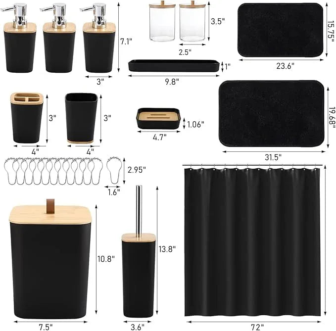 XLHOMO Bathroom Sets with Shower Curtain and Rugs, 27PCS Black Bathroom Accessories Set with Trash Can, Black Shower Curtain Set, No Slip Super Absorbent Bathroom Rugs - ModernBath