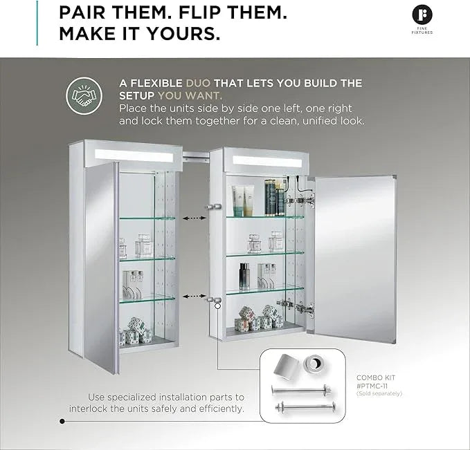 Fine Fixtures Bathroom Medicine Cabinet, Aluminum, Recessed/Surface Mount, Mirrored Interior w/LED (15 x 30 Left) - ModernBath